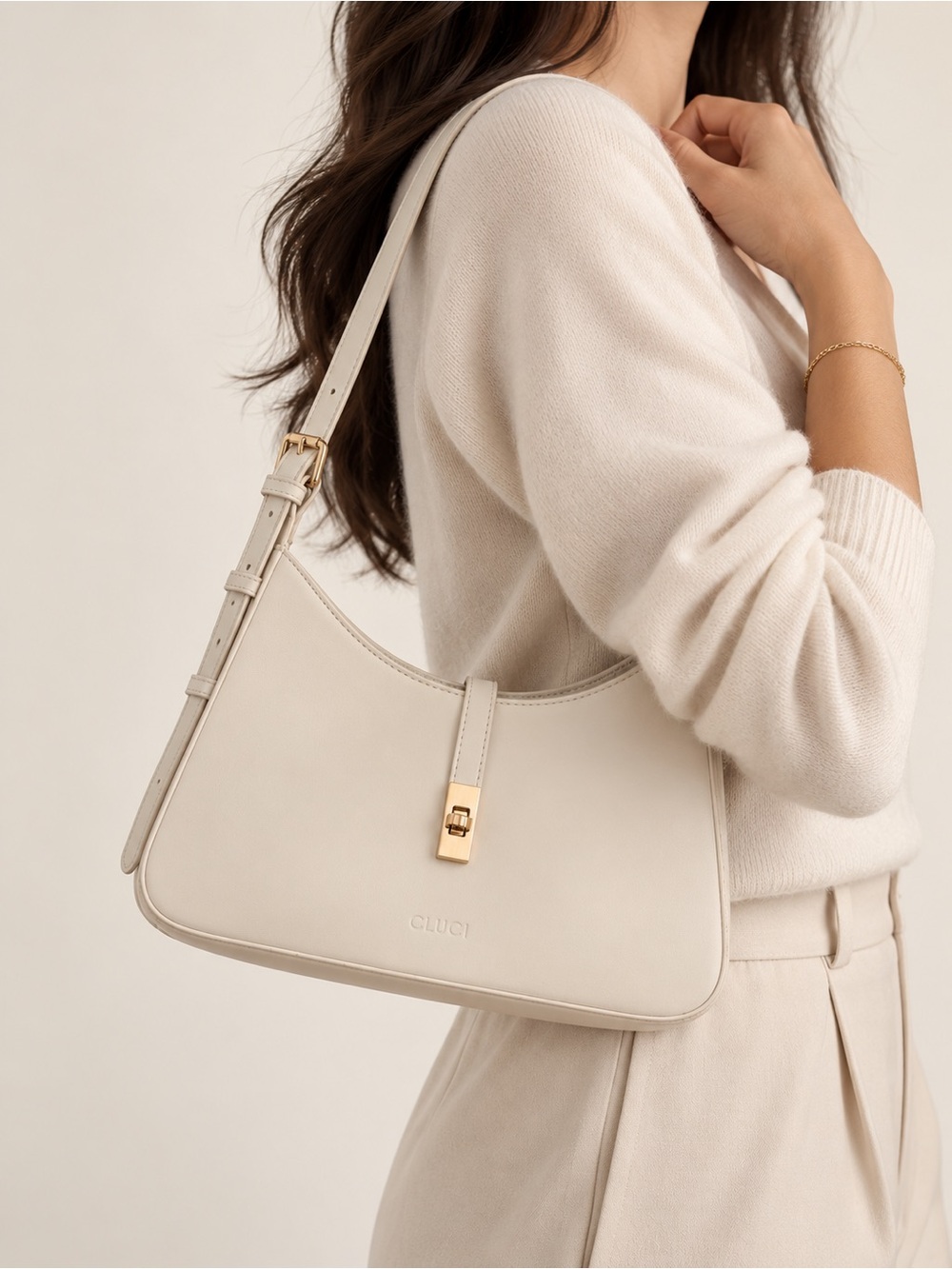 CLUCI Cream Shoulder Bag | Gold Hardware Minimalist Purse